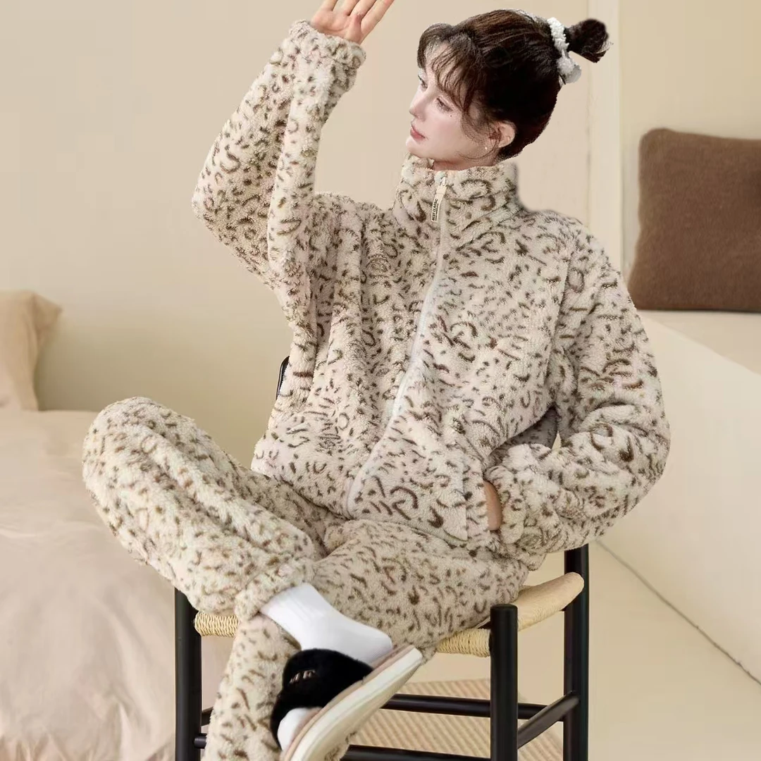 【云感豹纹-1】加绒加厚云感韩版锁温女冬立领睡衣舒适家居服7799