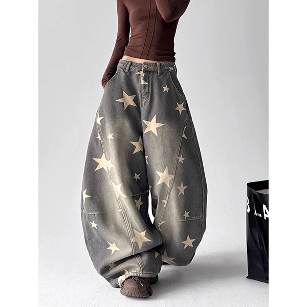 美式复古设计感星星印花做旧牛仔裤子女辣妹宽松慵懒松弛感弯刀裤