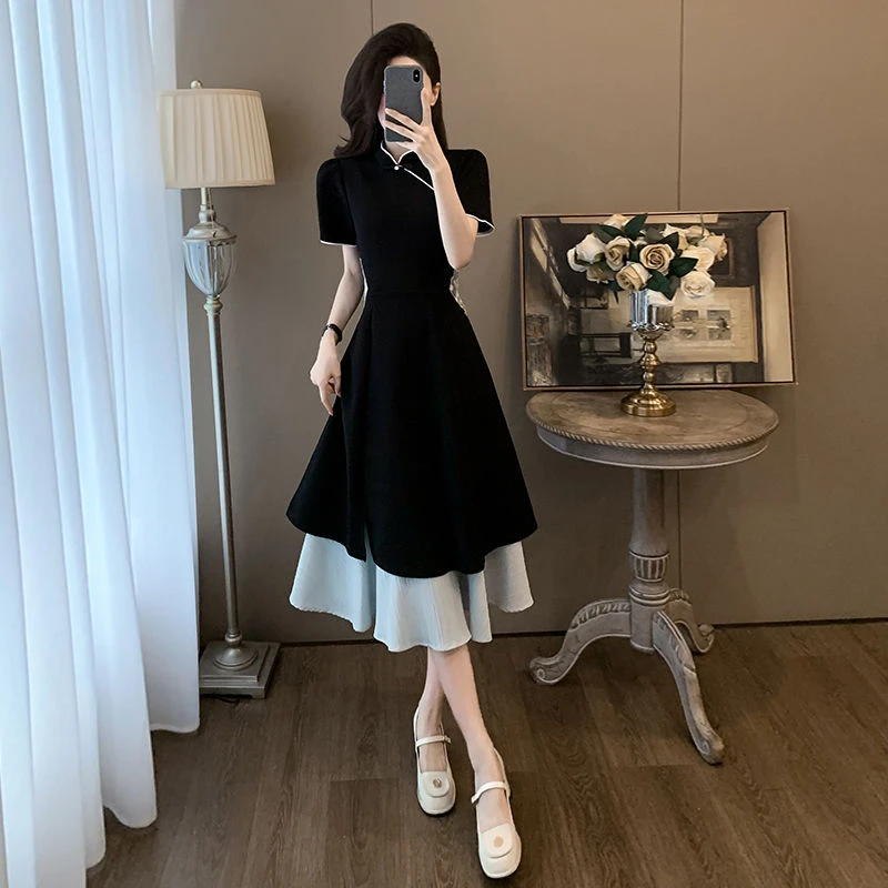 新中式黑色连衣裙2024新款女夏季设计感小众高腰显瘦气质大摆裙子