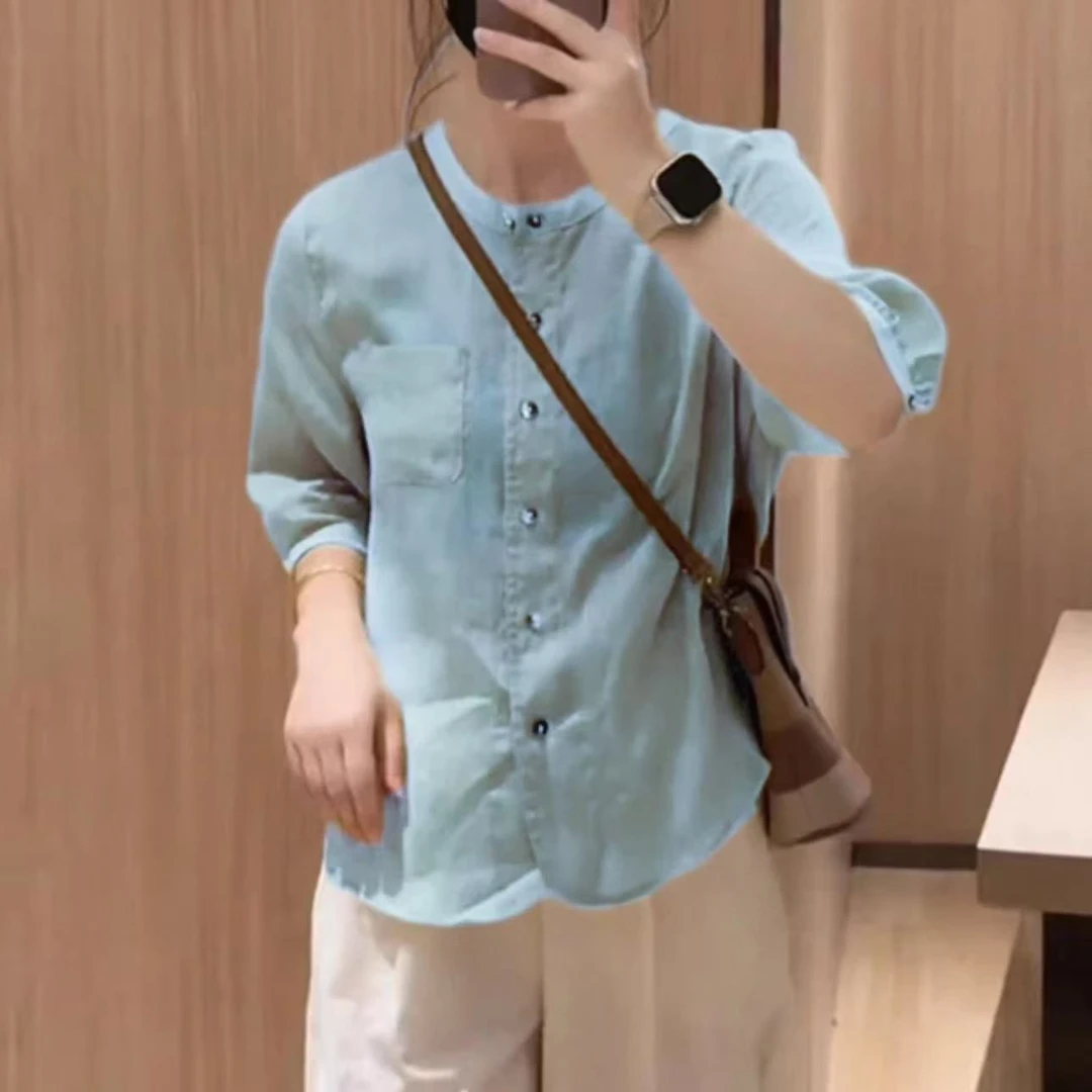洋气宽松百搭纯色衬衫2025夏季新款中袖衬衣15117
