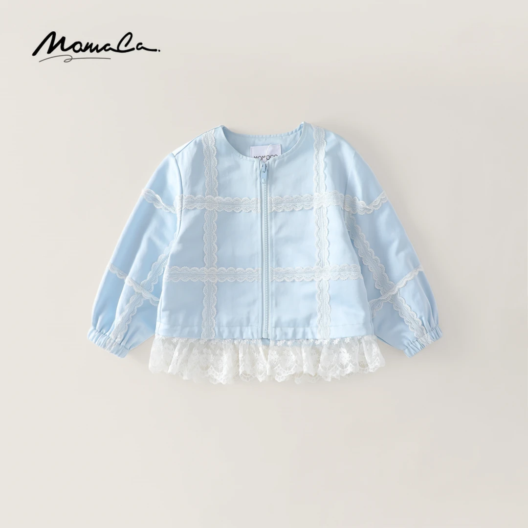MOMOCO春秋季欧若风女童时尚花边设计风蓝色洋气外套77530107023