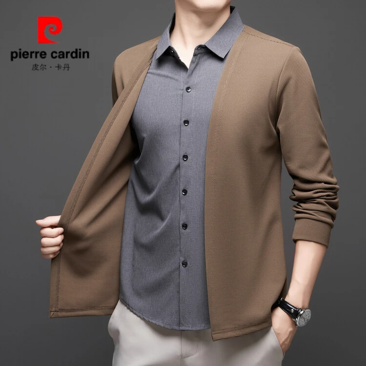 皮尔卡丹秋季高档男士开衫假两件衬衫潮流百搭轻奢商务衬衣外套男