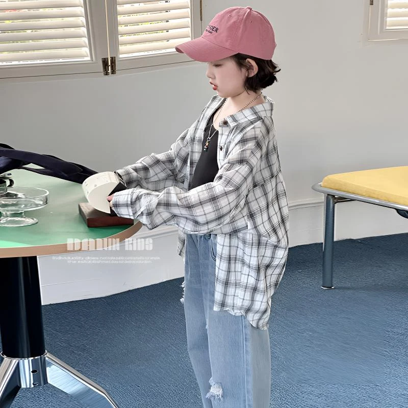 【嗒囜】女童春季韩版百搭格子衬衫儿童洋气小女孩休闲长袖衬衣外套