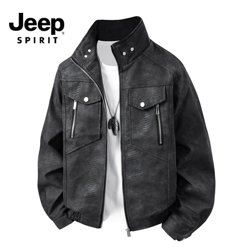 JEEPSPIRIT吉普新款仿蛇皮复古风夹克男士外套秋冬季立领蟒纹皮衣