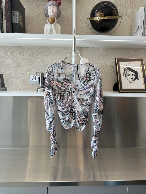 SuneRainbom上衣｜『鑫鑫专属』设计感扎染透视网纱长袖T恤1A230