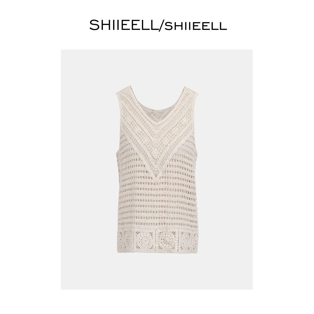 SHIIEELL度假风细织镂空钩花棉质针织背心Z0086