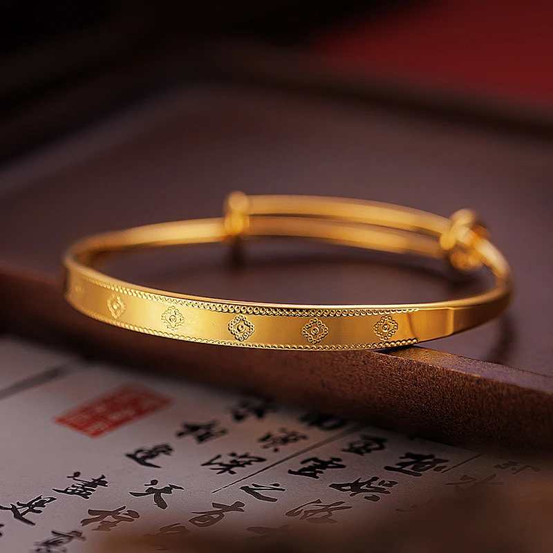 铜合金手镯 幸运四叶草推拉手镯女幸运草手镯金色首饰品