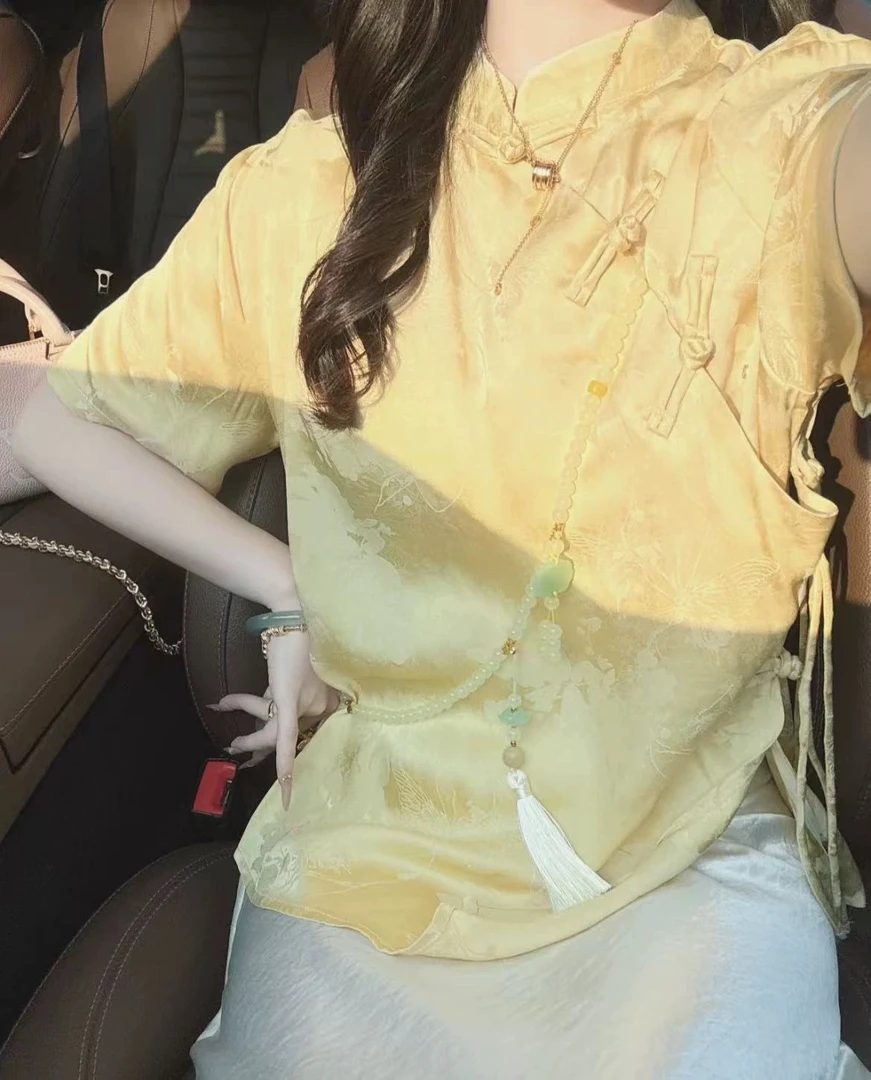 新中式国风提花短袖衬衫女新款高级感百搭唐装长袖上衣