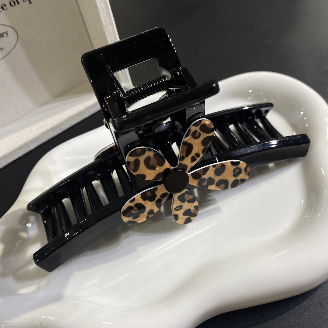 13公分豹纹花朵抓夹黑色 4533