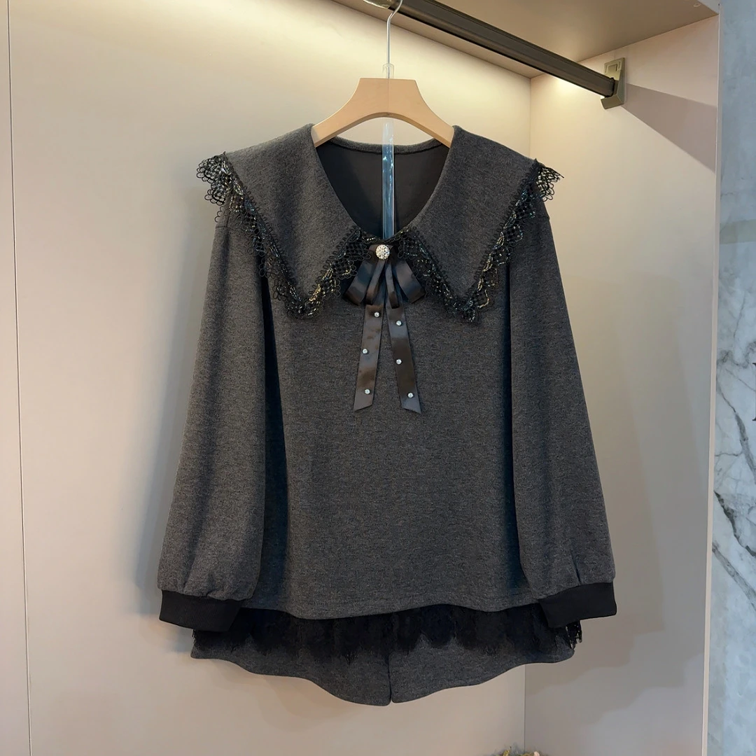 甜美减龄娃娃领学院风领结装饰韩范微胖百搭短裤洋气套装衣长66