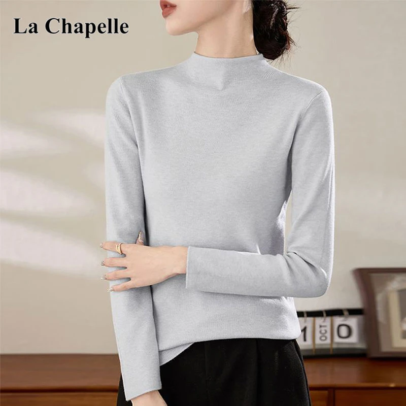 拉夏贝尔秋冬季半高领长袖针织衫女装百搭纯色修身内搭打底衫毛衣