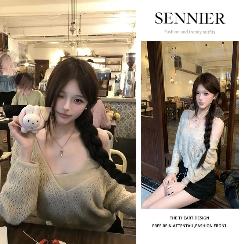 2025秋季新款慵懒风百搭针织长袖罩衫修身吊带内搭显瘦短裙三件套