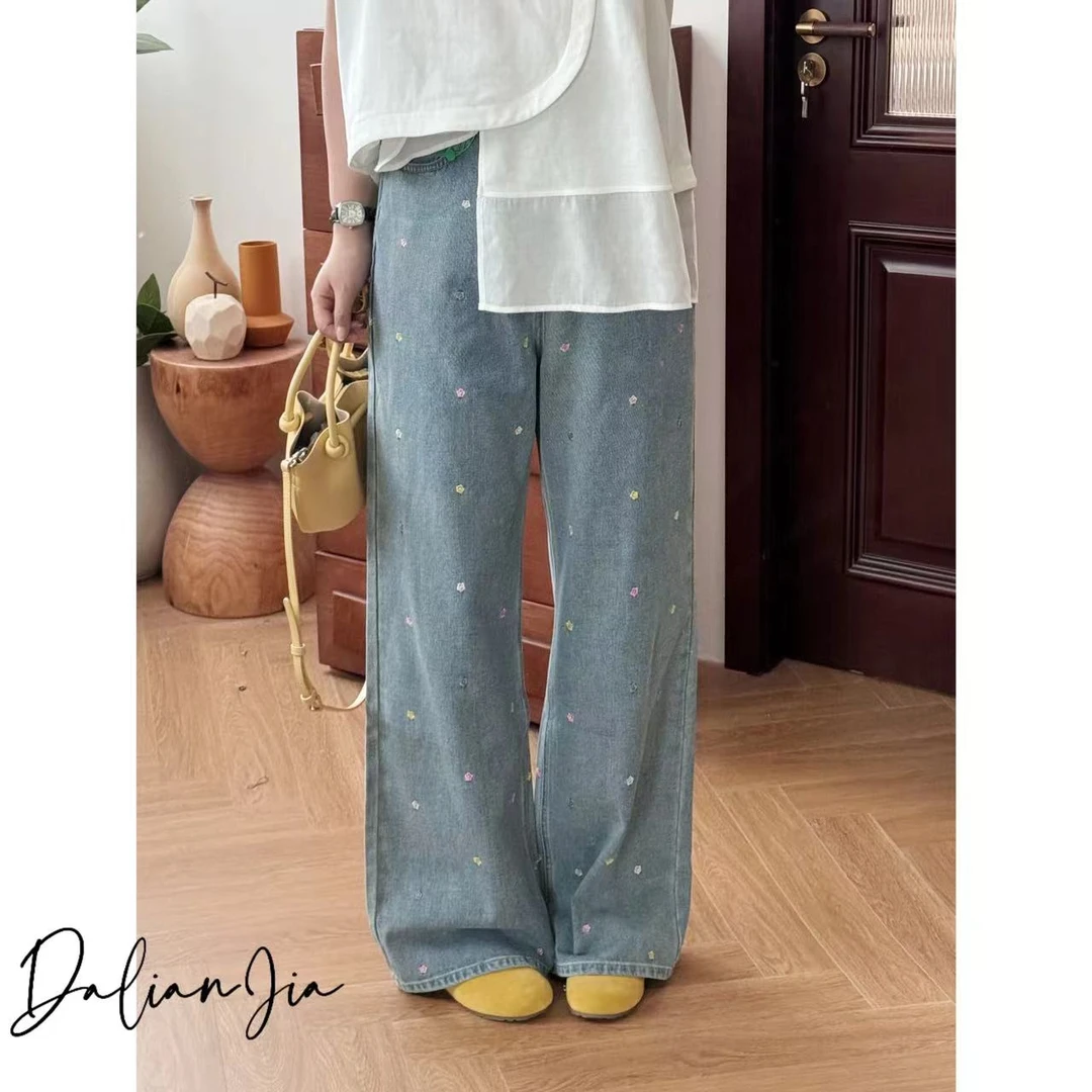 晶咕【花花橱窗】后腰松紧彩色刺绣小花牛仔裤显瘦高腰时尚