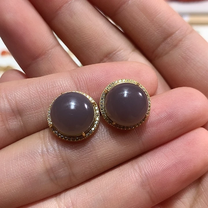 银S925镀金镶嵌和田玉（白玉）耳饰橙***甜