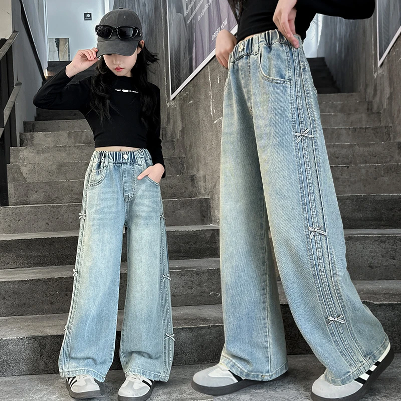 女童春秋款牛仔裤2025新款6-12岁15岁中大儿童洋气百搭休闲阔腿裤