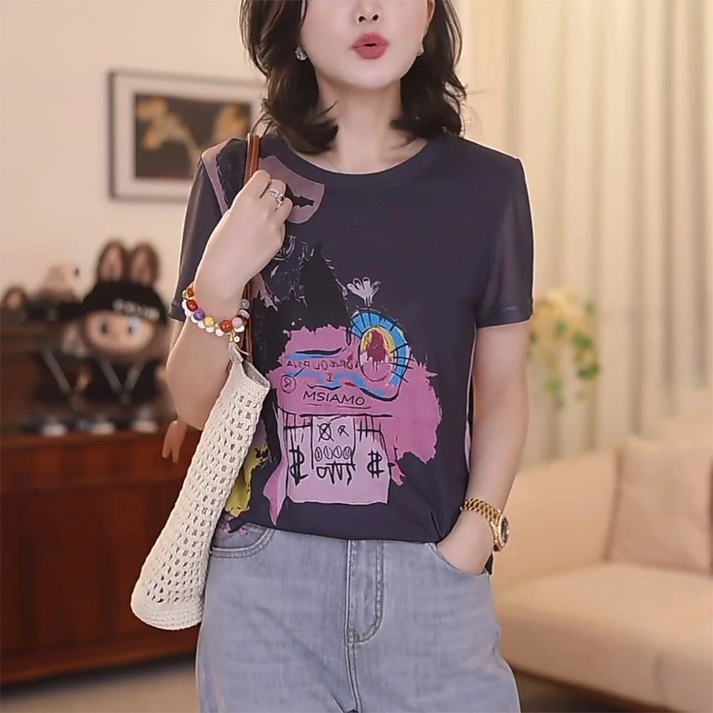 正肩印花t恤女2025夏季时尚显瘦减龄休闲高级感卡通短袖圆领上衣