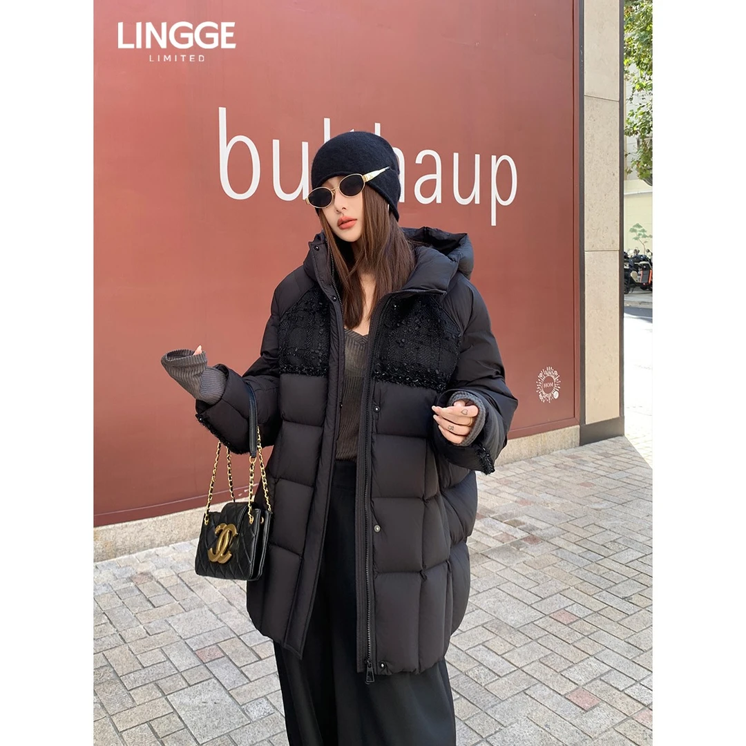7159黑色 新款小香风拼接一手长白鹅绒羽绒服女