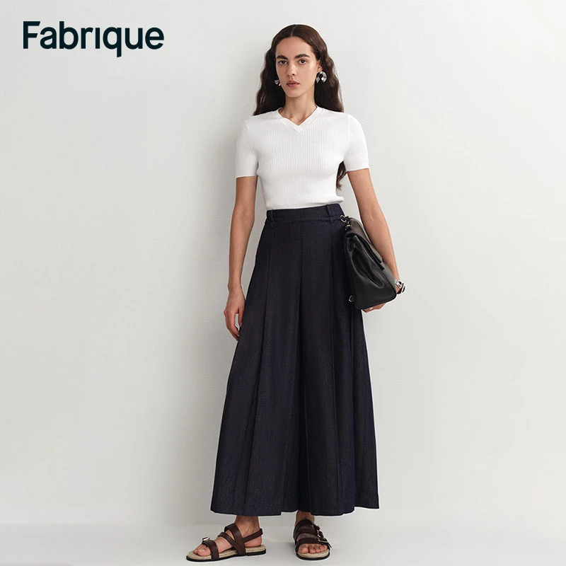 Fabrique Mignon 春夏新款深蓝莱赛尔牛仔显瘦时尚复古阔腿裙裤