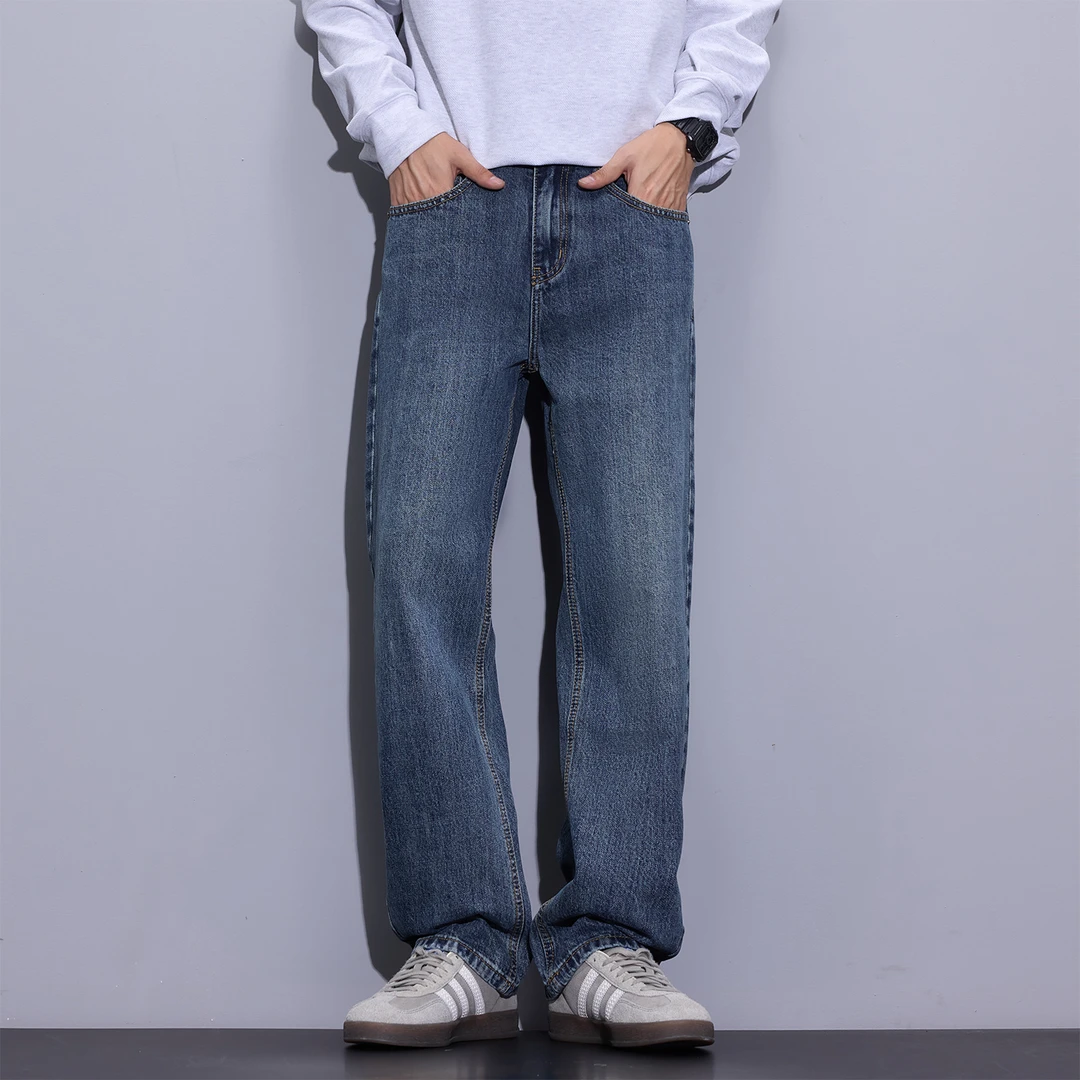 Kuvine2025秋季美式复古宽松直筒潮流经典纯色简约百搭男士牛仔裤