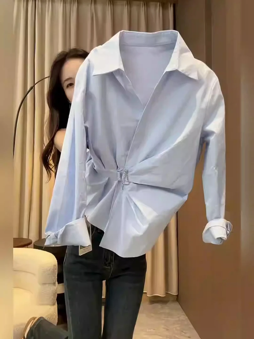 韩系蓝色金属扣设计收腰衬衫女2025早秋新款小众宽松显瘦长袖上衣