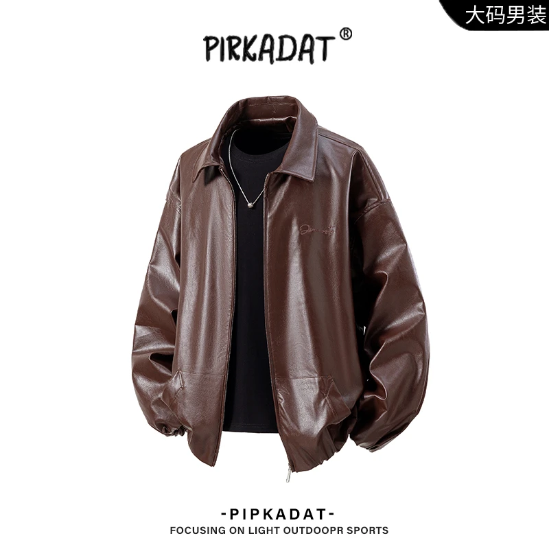 Pirkadat秋季新款男士翻领皮衣男美式复古潮流休闲宽松夹克外套男