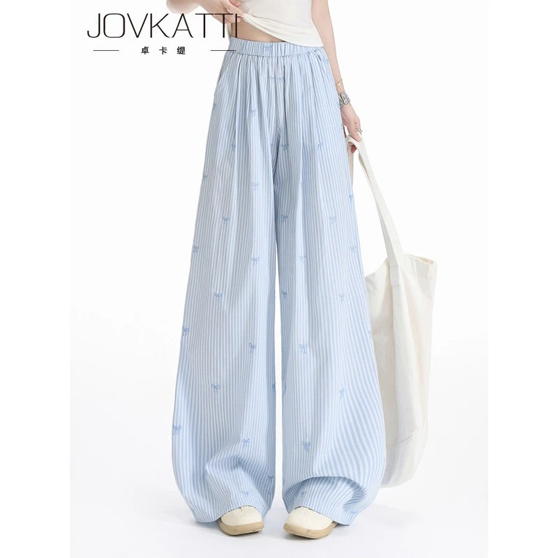 多巴胺蓝色蝴蝶结条纹阔腿休闲裤女秋季高腰垂感显瘦宽松直筒长裤