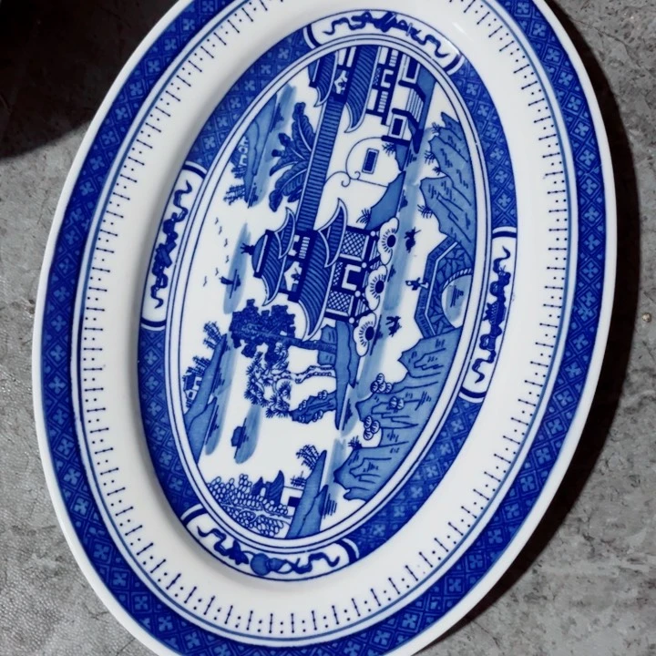 青花玲珑大鱼盘梧桐微瑕