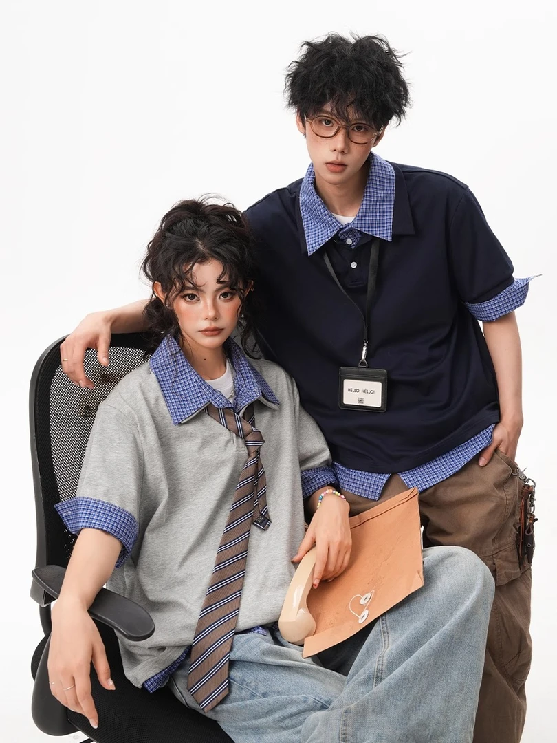 美式假两件格纹POLO短袖女男夏季复古学院风宽松休闲百搭T恤日系
