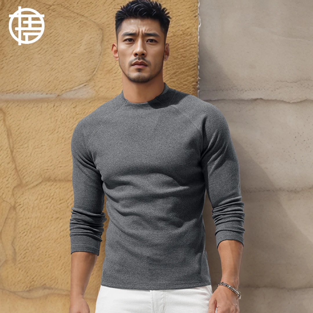 秋冬上衣螺纹260G重磅纯色棉打底衫男士圆领运动宽松健身长袖T恤