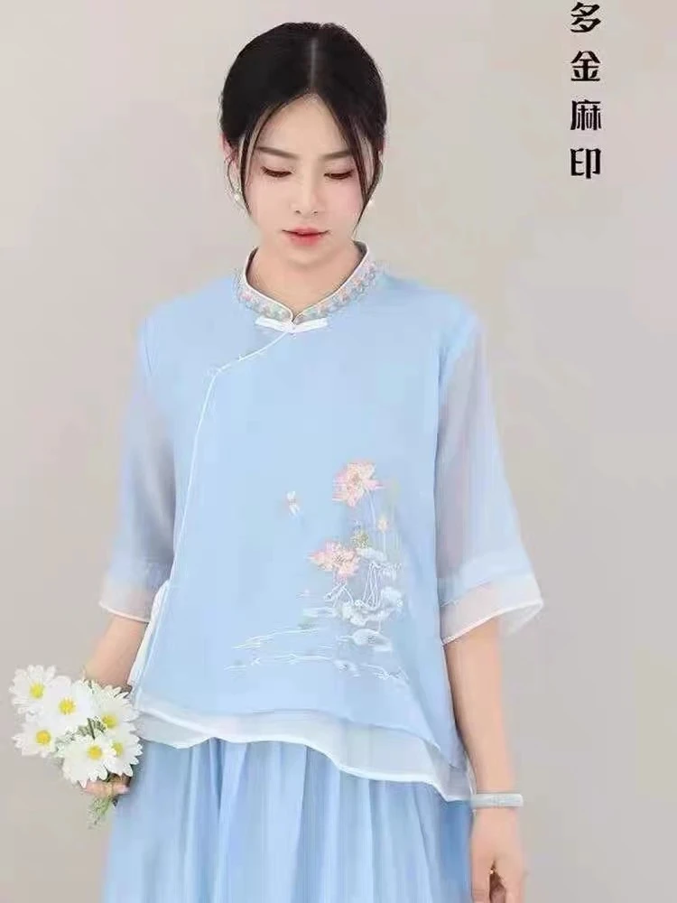 多金麻印新夏款中式国风双层立领小衫斜襟重工刺绣荷花天丝麻上衣