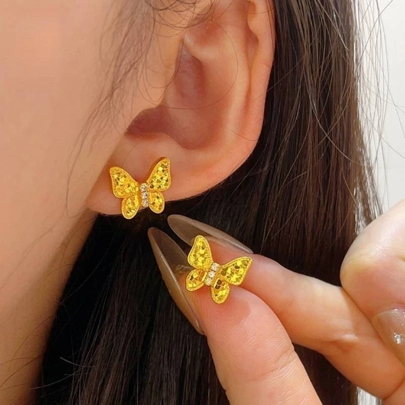 铜合金亚克力耳饰 复古新中式设计碎碎冰镶钻蝴蝶耳钉时尚百搭