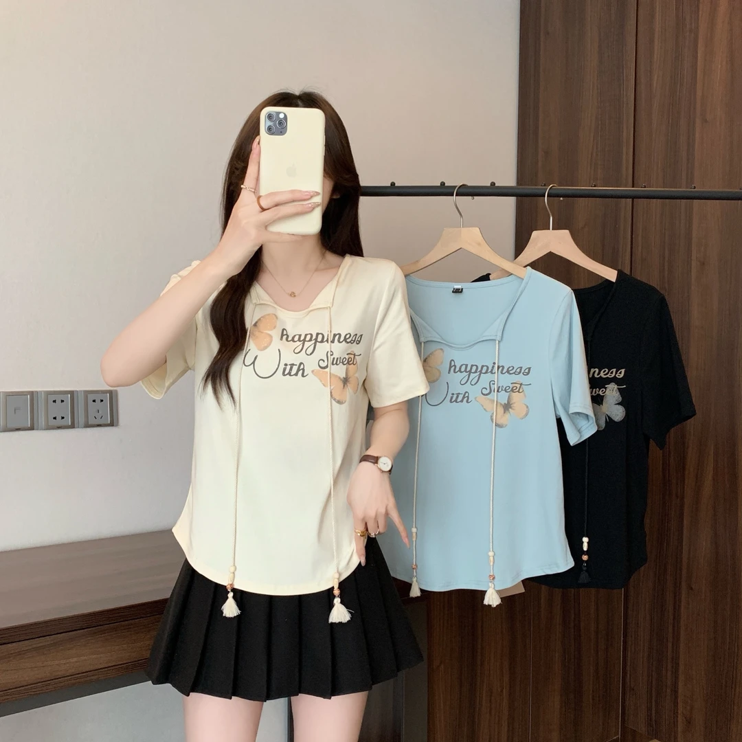 清大码女2025夏装蝴蝶结印花V领短袖T恤修身小个子上衣64053