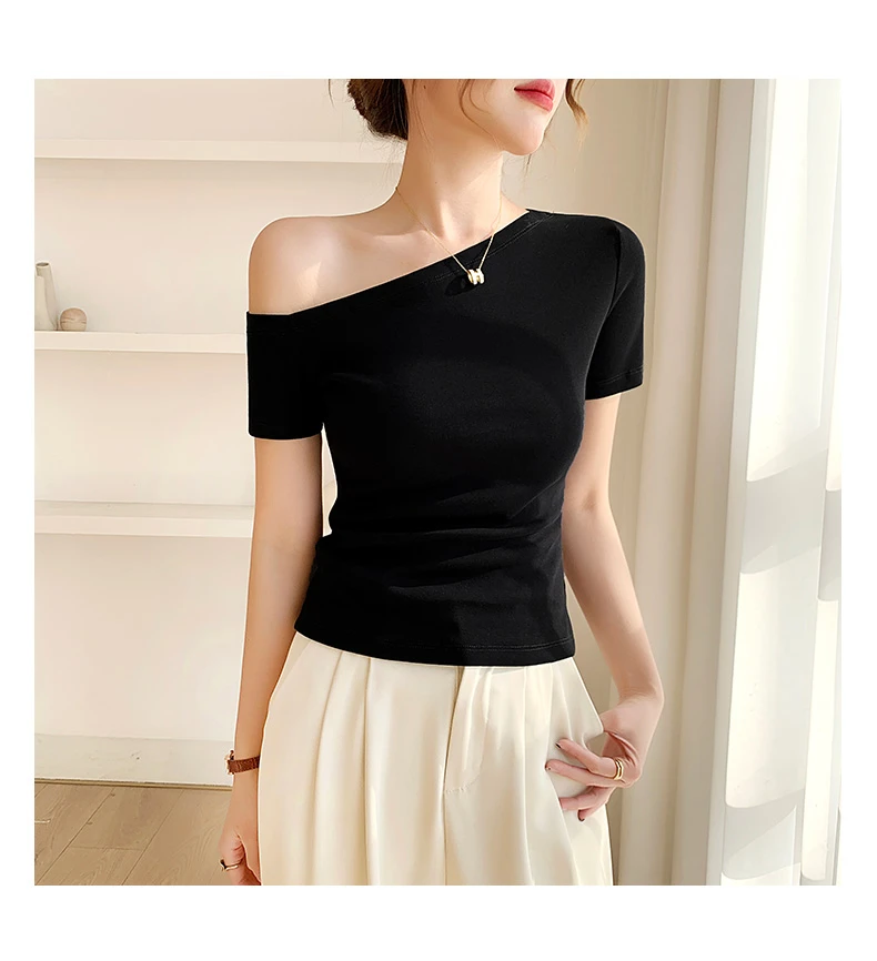 黑色短袖t恤女春夏甜美2025新款修身露肩打底衫百搭显瘦上衣