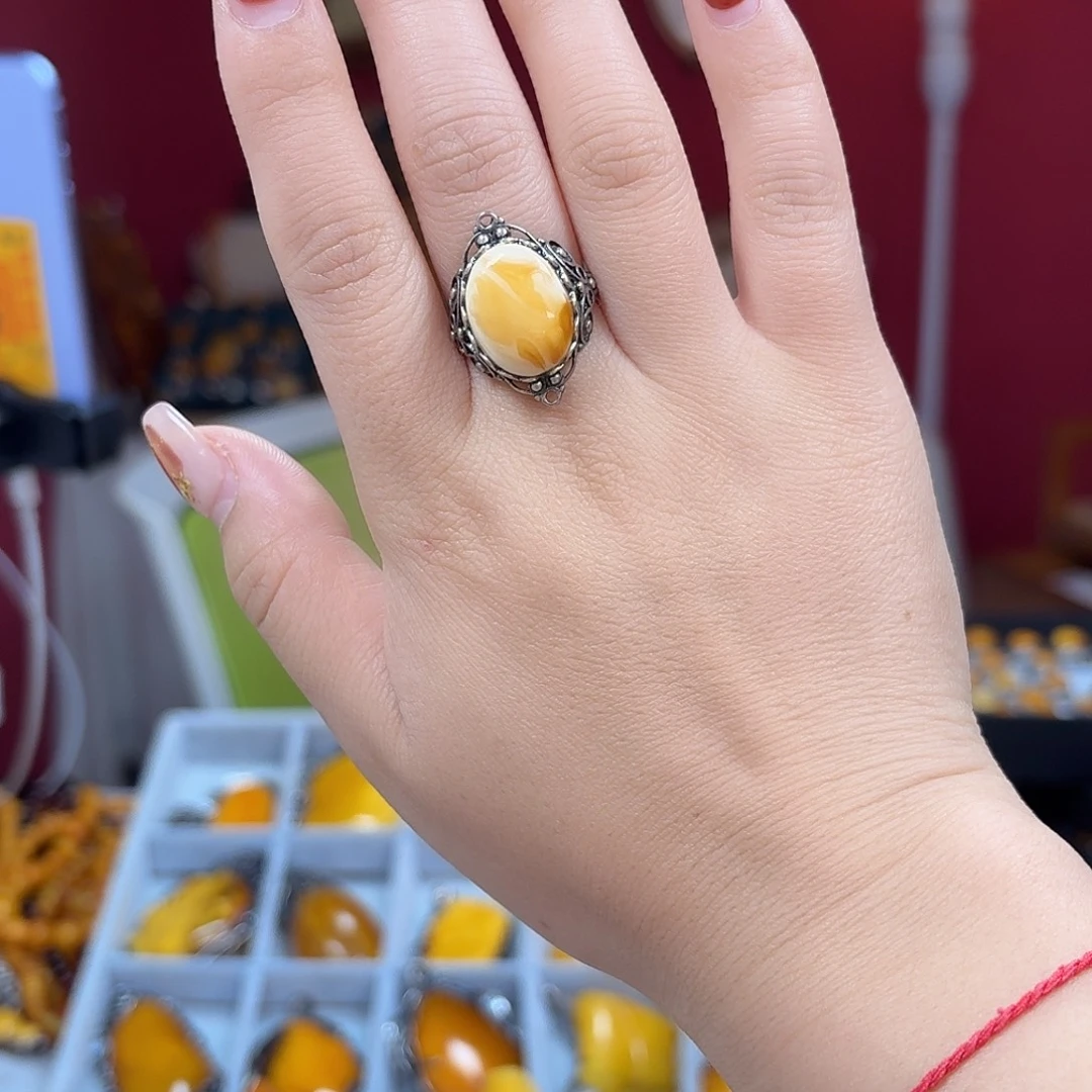 琥珀银S925镶嵌裸石戒指
