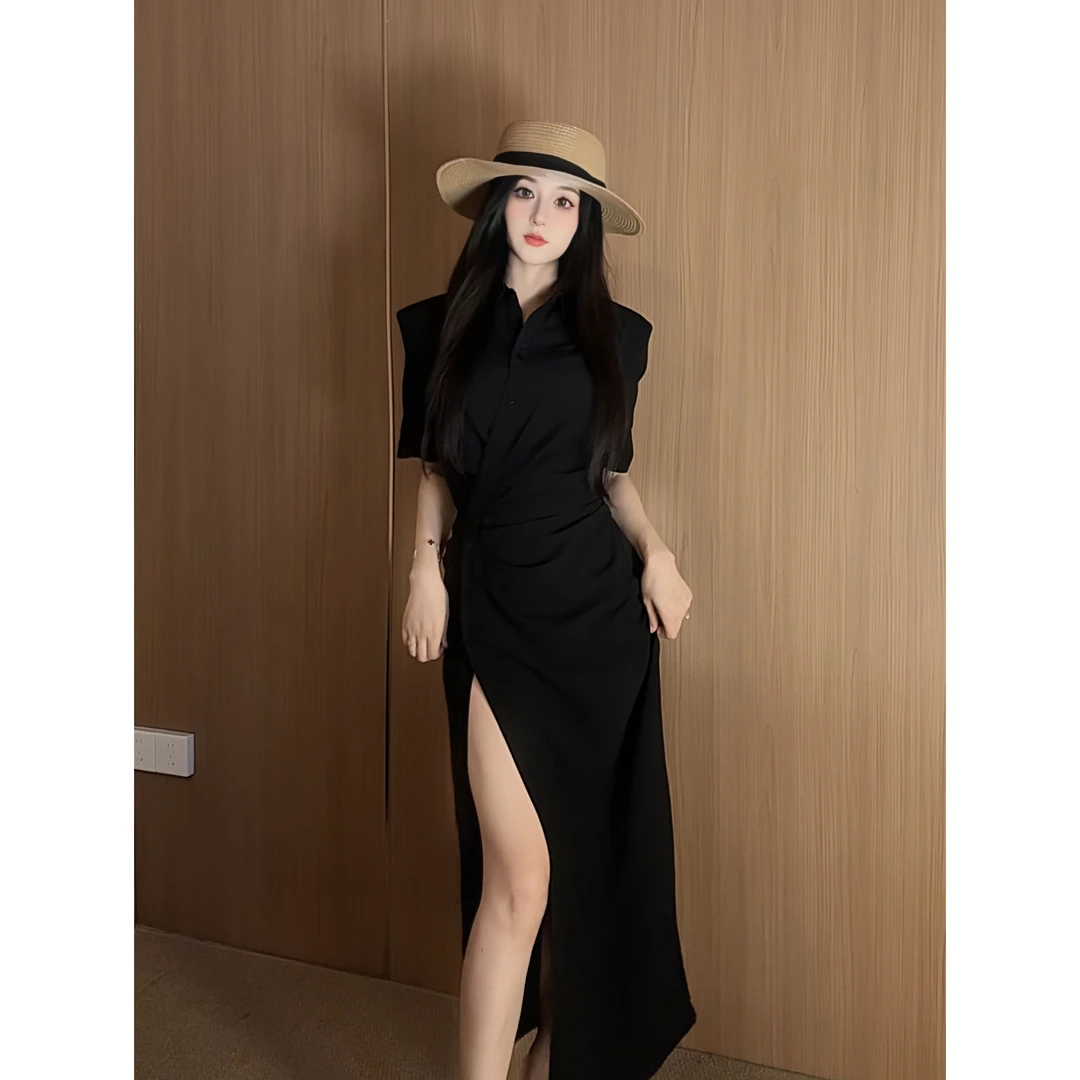 M217 法式轻奢褶皱连衣裙女夏季新款收腰显瘦短袖开叉不规则长裙