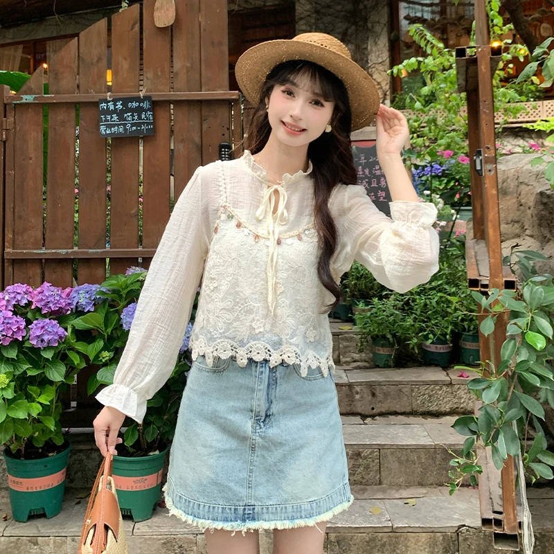 【618】韩系木耳领长袖衬衫女夏季新款亮片设计感吊带背心两件套