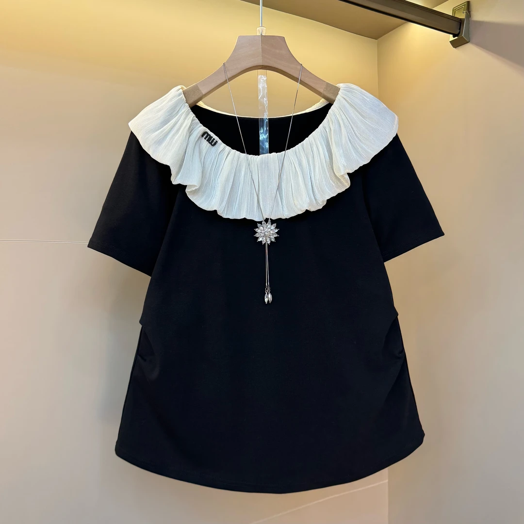 2025夏日新款夏欧州站小众设计感荷叶边黑白拼色腰部褶皱小衫1836