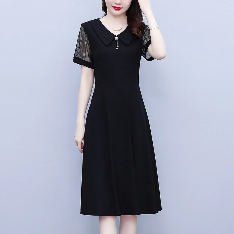 网红炸街2025年大码女装胖mm短袖蕾丝拼接修身显瘦遮肚连衣裙