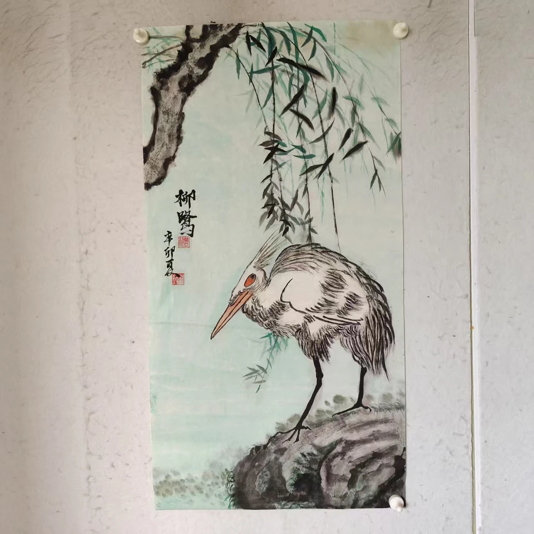 4707 多年前纯手绘老字画《柳鹭》中堂  尺寸 99×52