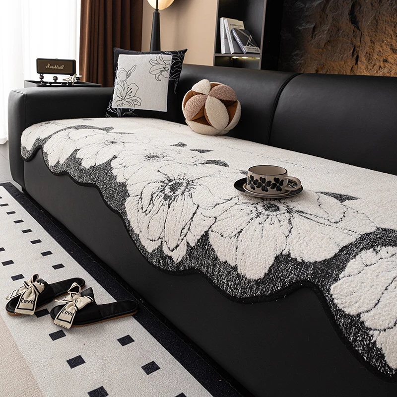 (异形花杳)复古山茶花高级感沙发垫秋冬季毛绒新款异形沙发坐垫