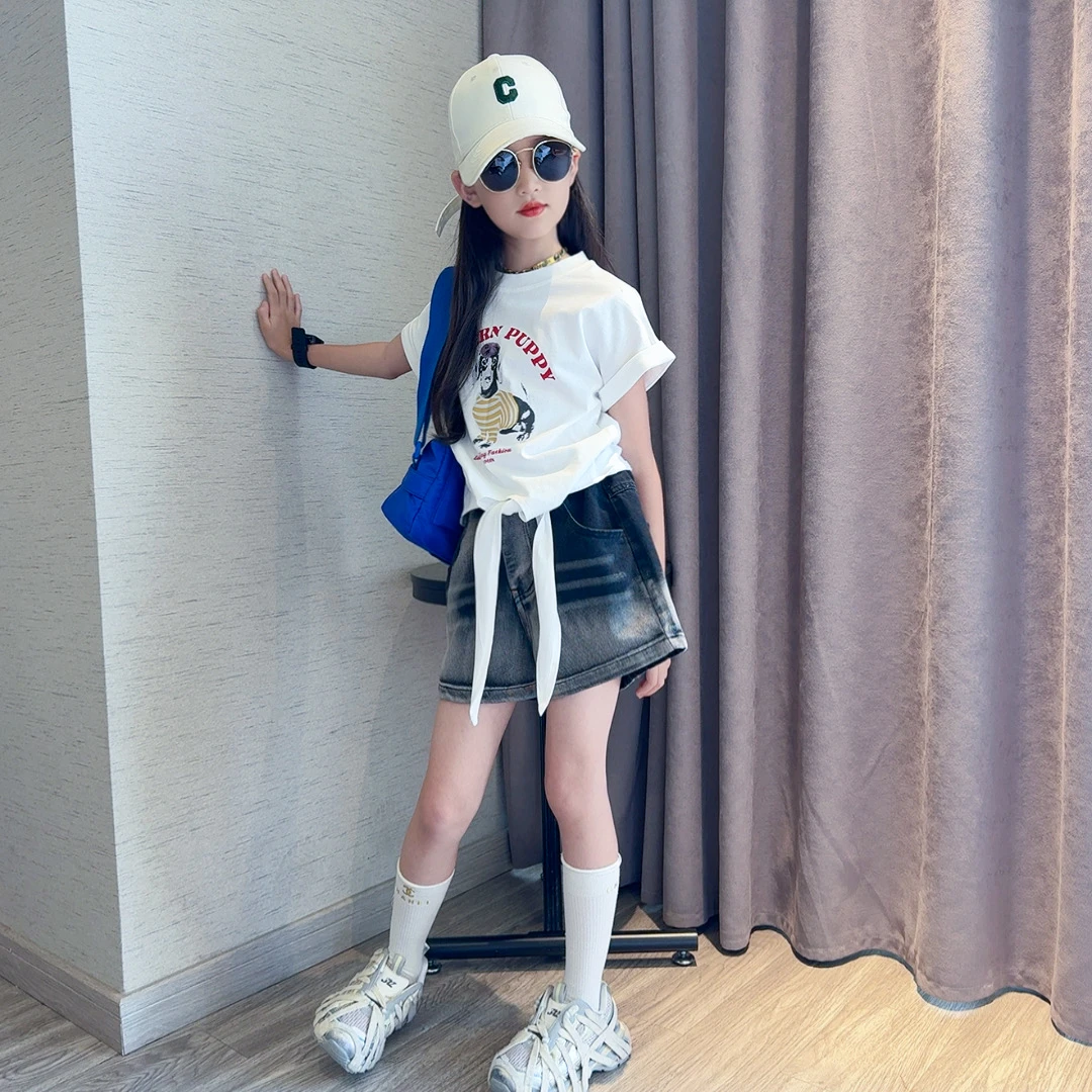 女童T恤套装2025夏季新款休闲上衣洋气大儿童女孩牛仔短裤两件套