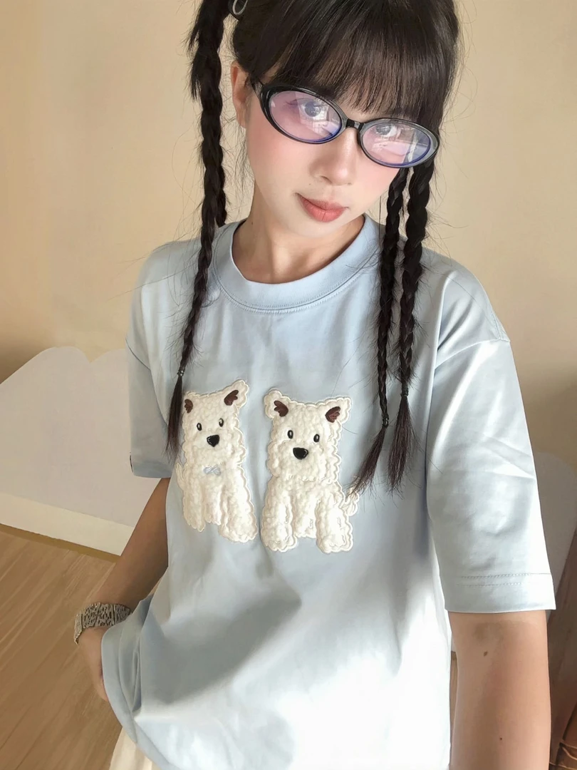 小狗毛绒贴布绣花短袖T恤女夏季新款纯棉小众设计ins休闲百搭上衣