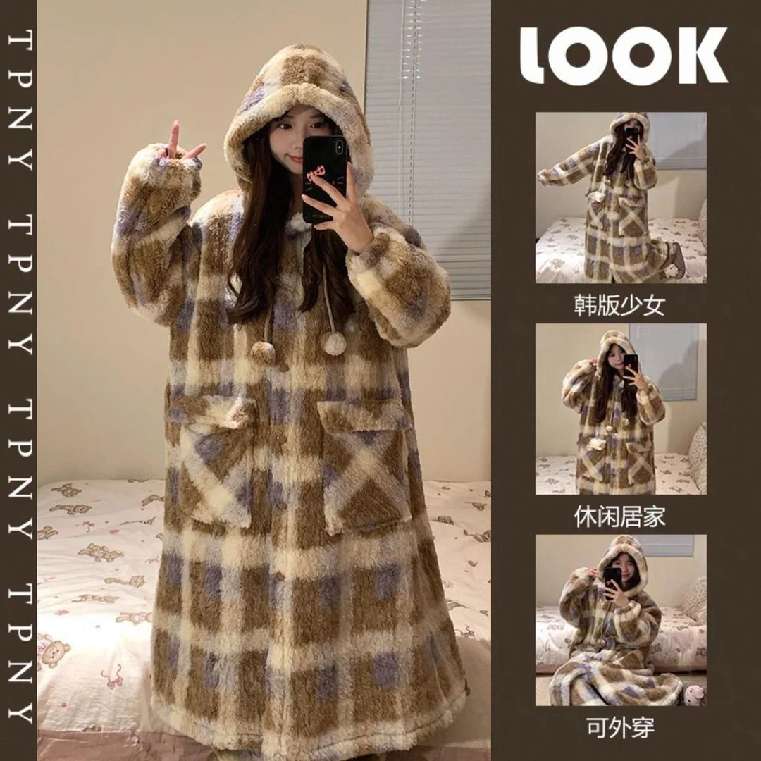 韩版少女连帽珊瑚绒睡衣女2025冬季新款加绒加厚格子家居服两件套