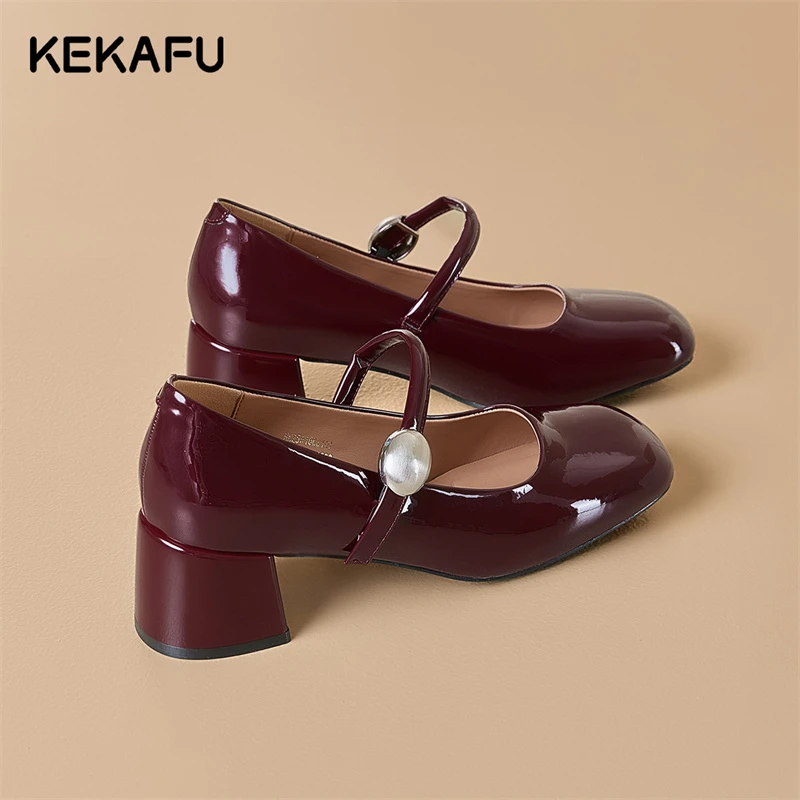 珂卡芙酒红色粗跟单鞋女2025新款夏季法式浅口一字带玛丽珍高跟鞋