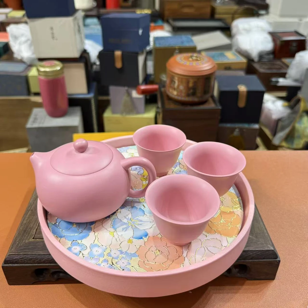 叶老师粉紫砂壶带三杯加茶盘 LL056
