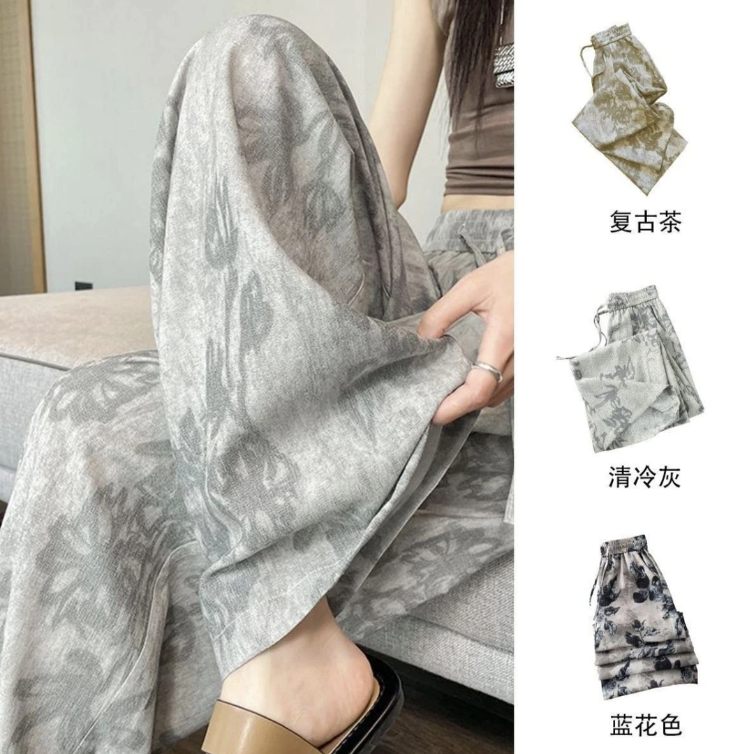 复古碎花弹力气质夏季长裤休闲裤百搭直筒印花阔腿裤