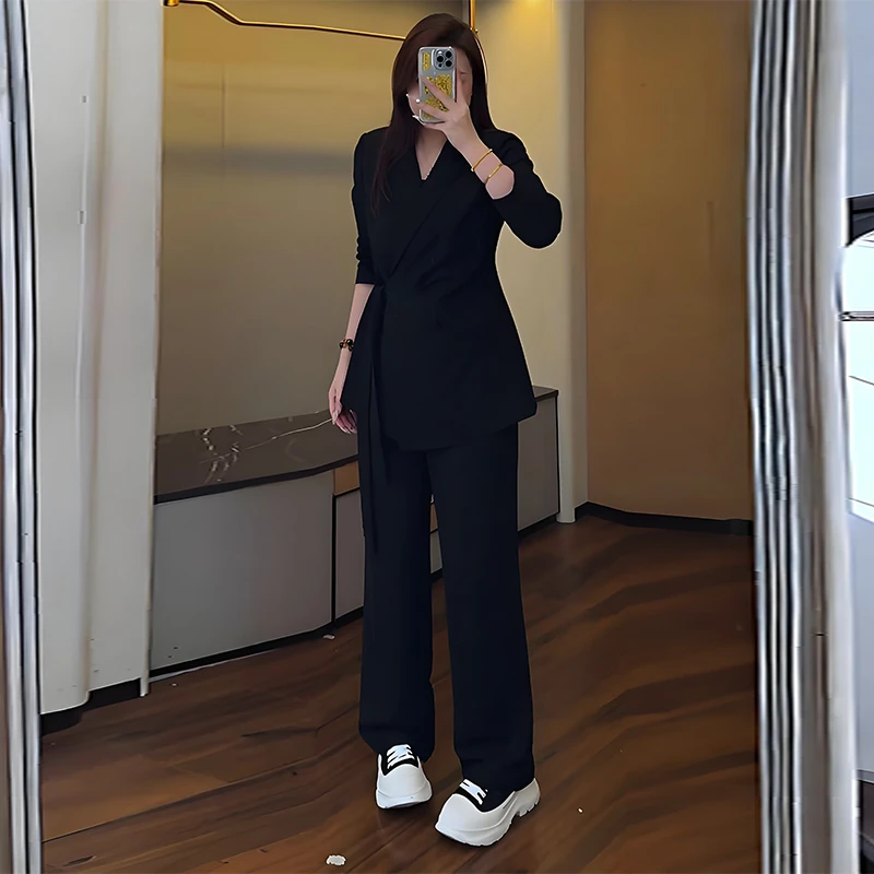 2025秋季新款韩版宽松显瘦系带西装上衣阔腿裤休闲时尚两件套装女