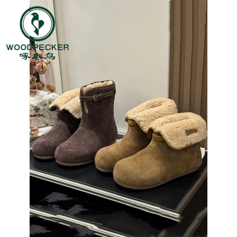 啄木鸟磨砂皮两穿毛毛加绒雪地靴女2025新款保暖一脚蹬毛毛鞋棉鞋