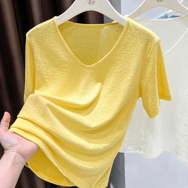 黄色薄款内搭打底衫短袖上衣女2025夏季爆款极简风洋气V领高档T恤