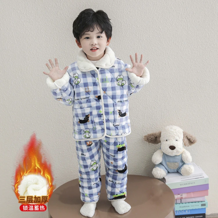 冬天防寒儿童睡衣套装冬季三层夹棉加厚珊瑚绒外穿男童女童家居服